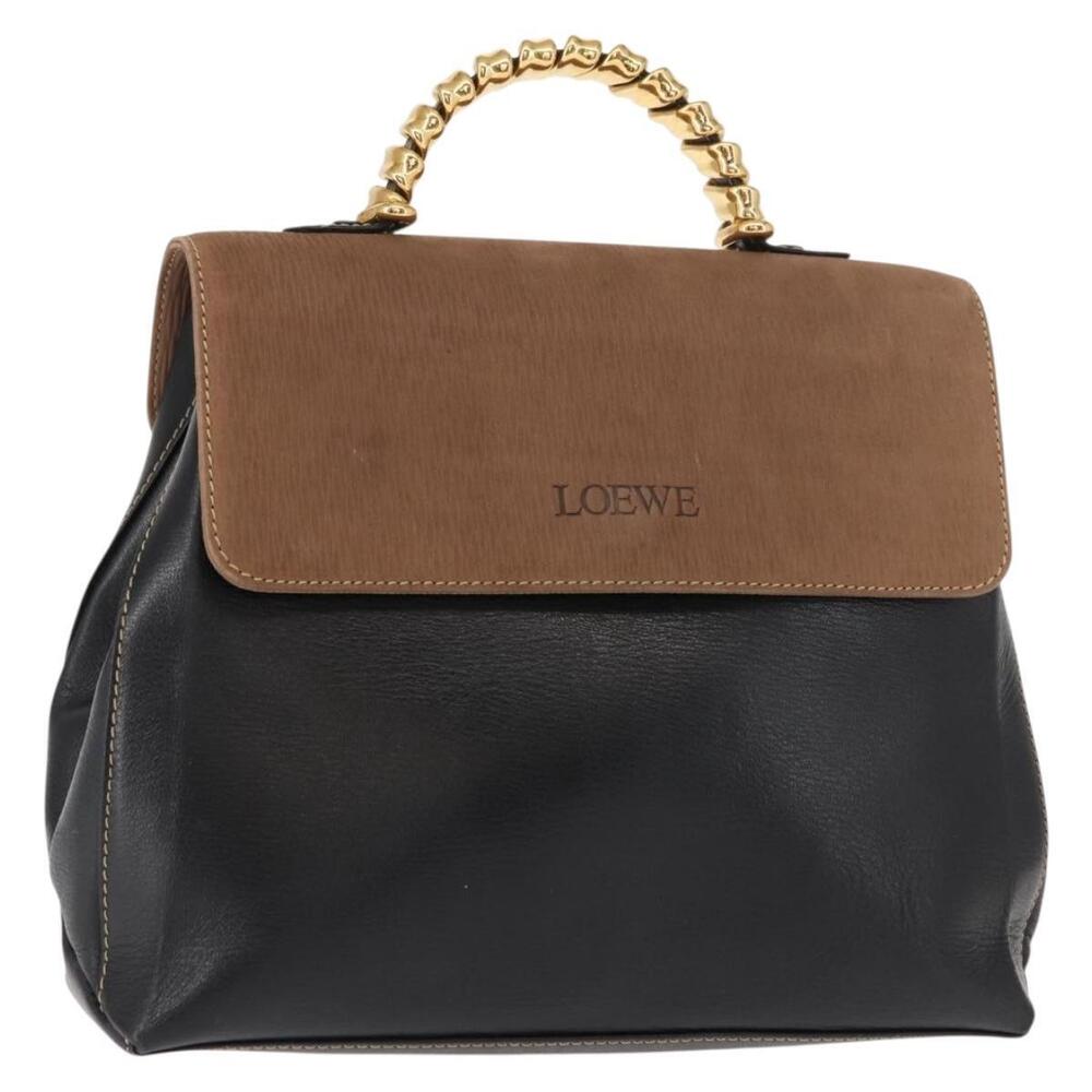 LOEWE Velazquez Hand Bag Leather Suede Brown Black gold Auth 149533